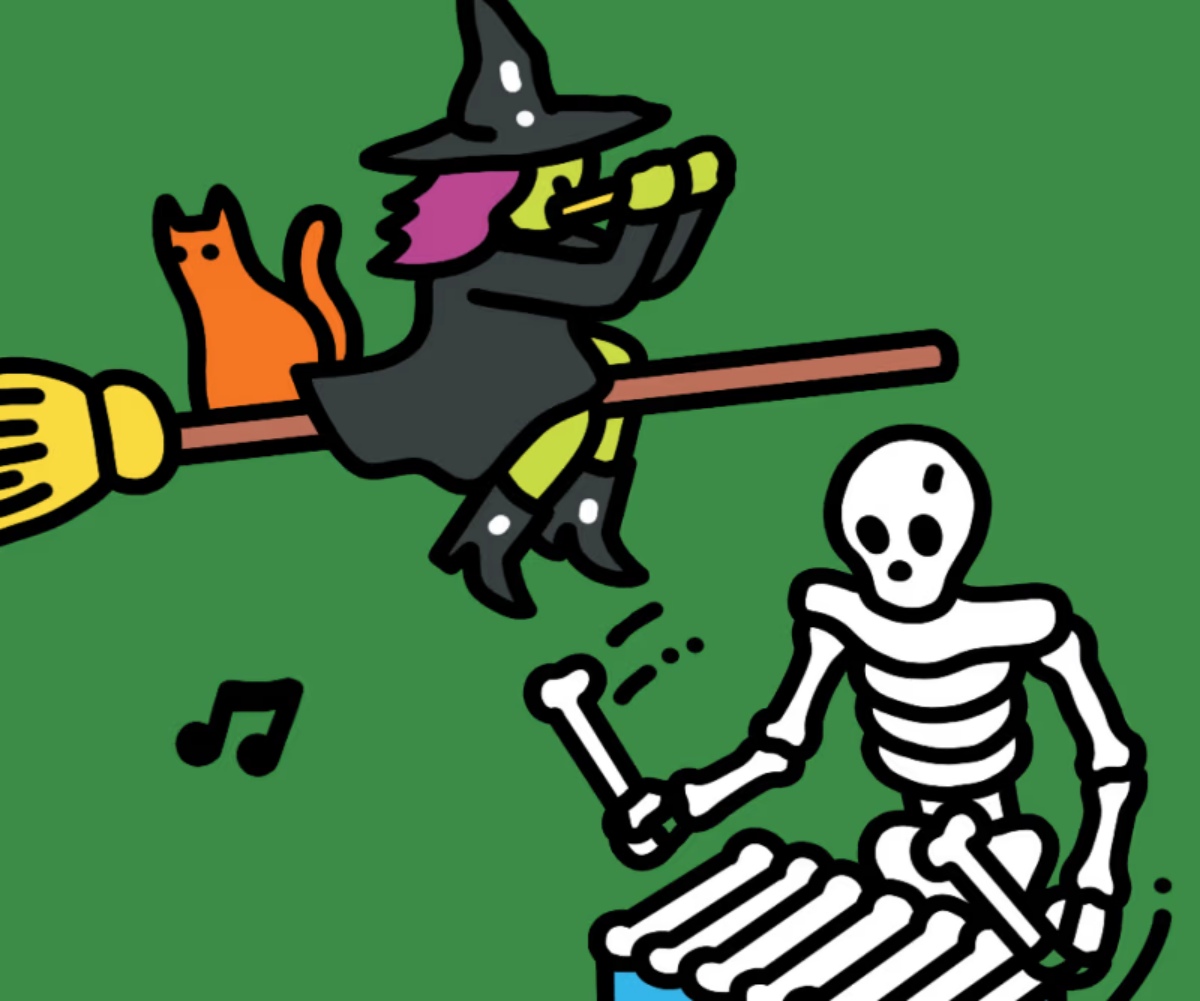 Cartoon images for Halloween of a witch and skeleton