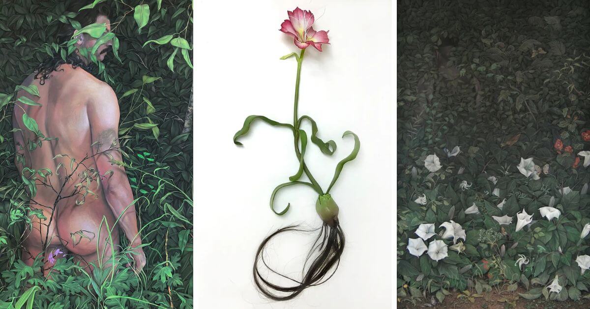 L-R: Diana (detail) , 2025 chalk pastel on black paper (6 panels); Cut Flowers, After Mary Delany, (What Remains, No. 1), ceramic, acrylic, paper, pastel, human hair, 2019; Datura, from Eunuch Tapestries, pastel on black paper, 2013 (Images courtesy of the artist)