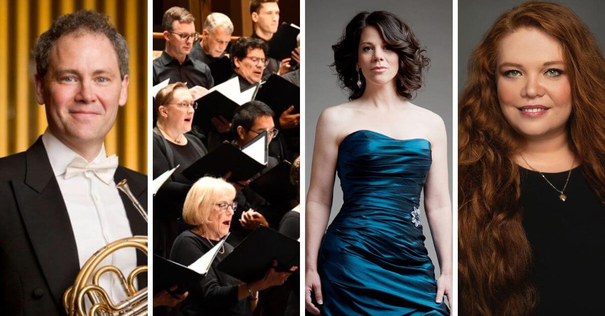 L-R: James Sommerville, Conductor (and hornist) (Photo courtesy of the artist); The Grand Philharmonic Choir (Photo courtesy of GPC); Allyson McHardy, Mezzo-Soprano (Photo courtesy of the artist); Lauren Margison, Soprano (Photo: Sam Gaetz)