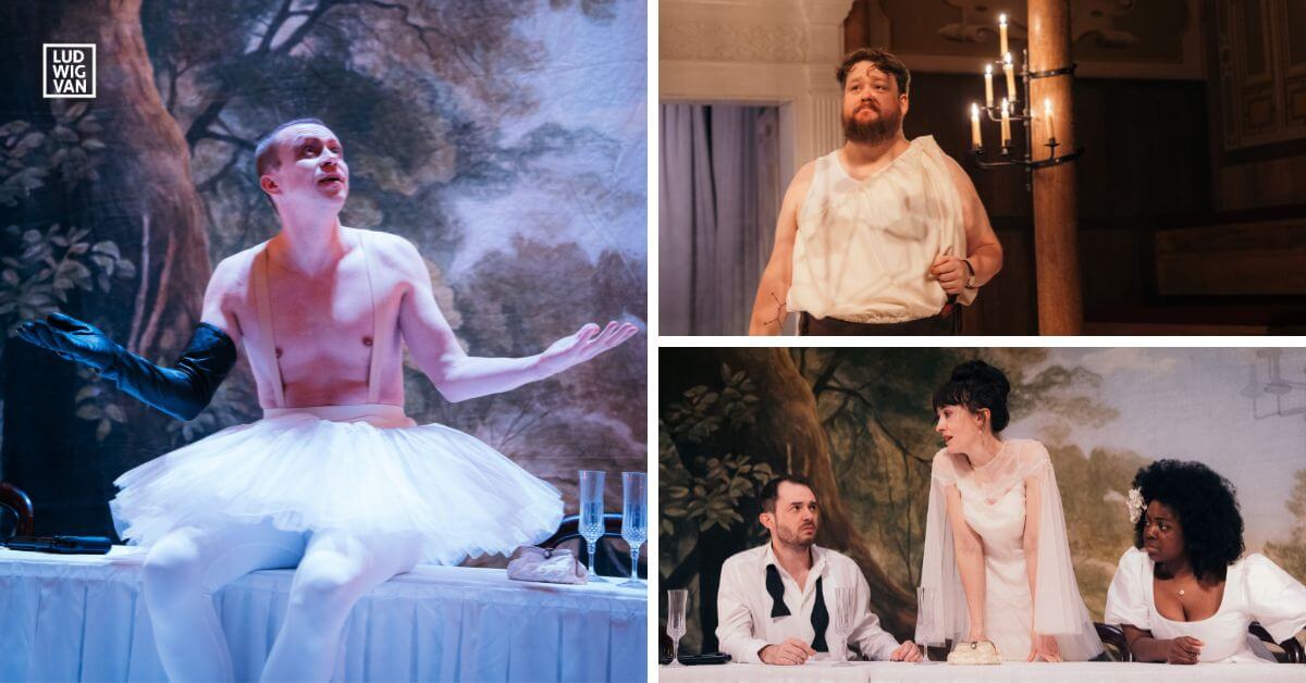 L-R (clockwise): Sergo Vares as Puck in A Midsummer Night’s Dream at The Globe Theatre (Photo: Helen Murray); Danny KIrrane as Bottom in A Midsummer Night’s Dream at The Globe Theatre (Photo: Helen Murray); Michael Marcus as Theseus; Hedydd Dylan as Hippolyta; Tiwa Lade as Hermia in A Midsummer Night’s Dream at The Globe Theatre (Photo: Helen Murray)