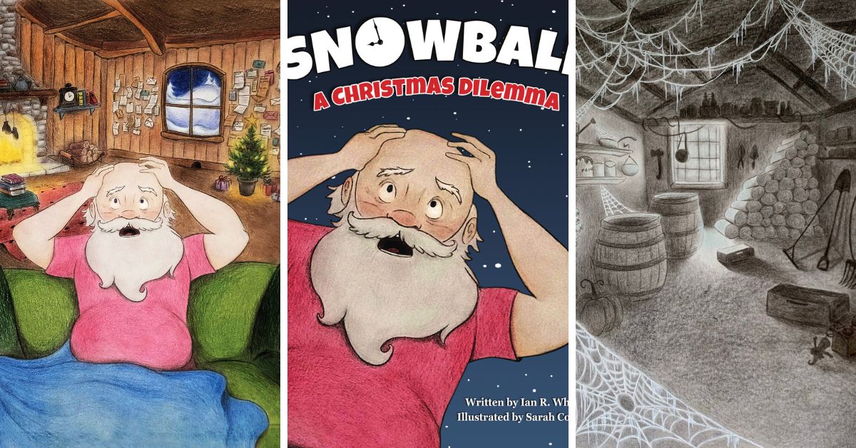 The cover of Snowball: A Christmas Dilemma by Ian R. White (centre) and other illustrations from the book by Sarah Cowan (Photo courtesy of Tim Gentle)