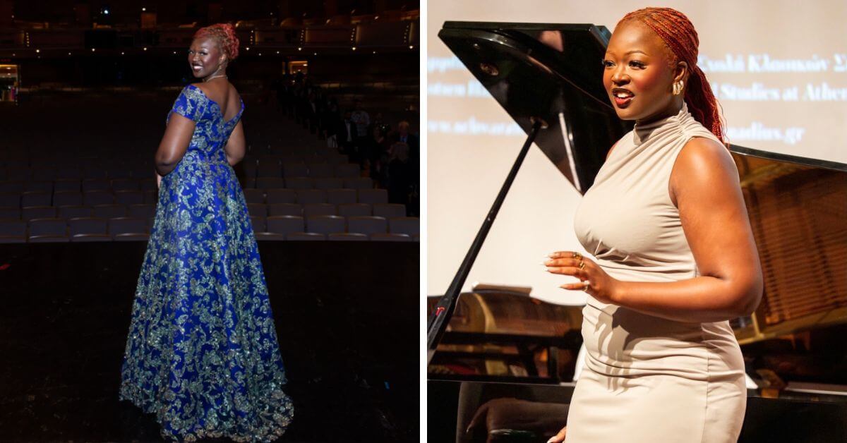 L: Soprano Nikan Ingabire Kanate at the COC Centre Stage Competition, Toronto October 2025 (Photo: George Pimentel); Nikan Ingabire Kanate performs at Curtis On Tour: Athens, Greece, October 2025 (Photo: Vasso Paraschi)