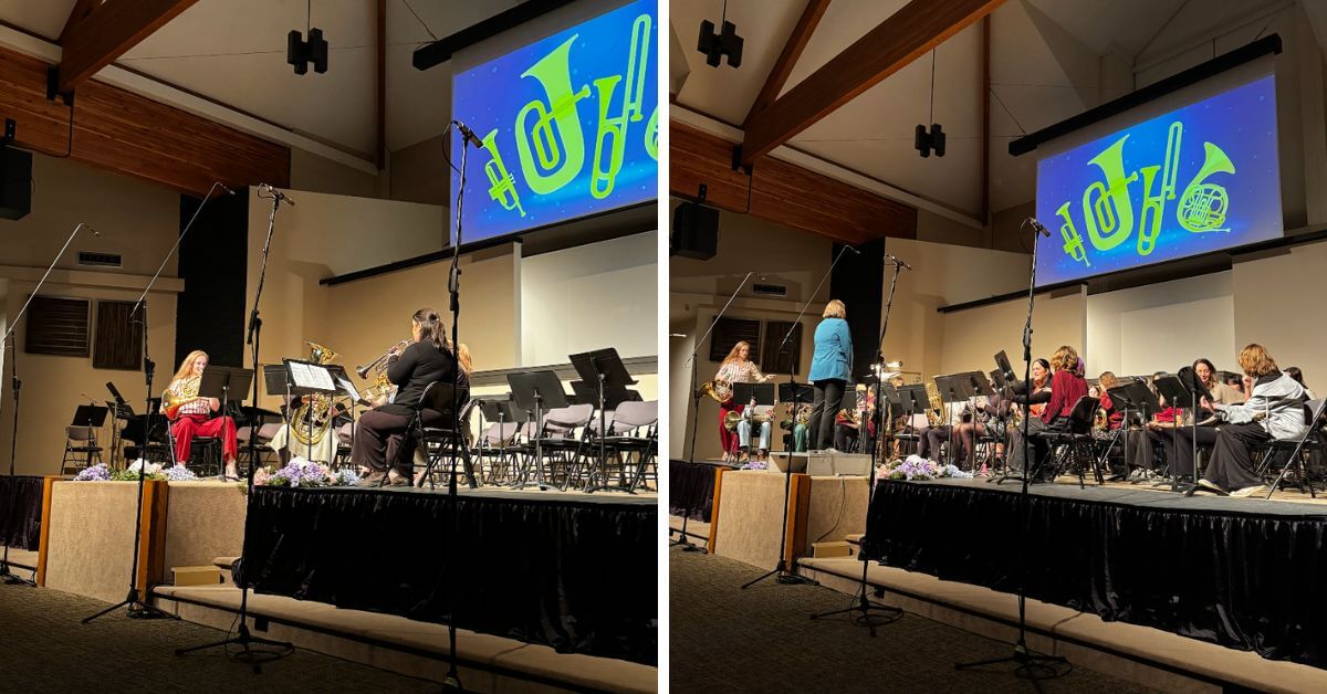 A professional ensemble (L) and a combined professional and student ensemble (R) perform Dr. Charlie Wall-Andrews’ LUNAR: Brass Chorale at Calgary’s Girls in Brass event, January 2026 (Photo courtesy of Dr. Wall-Andrews)