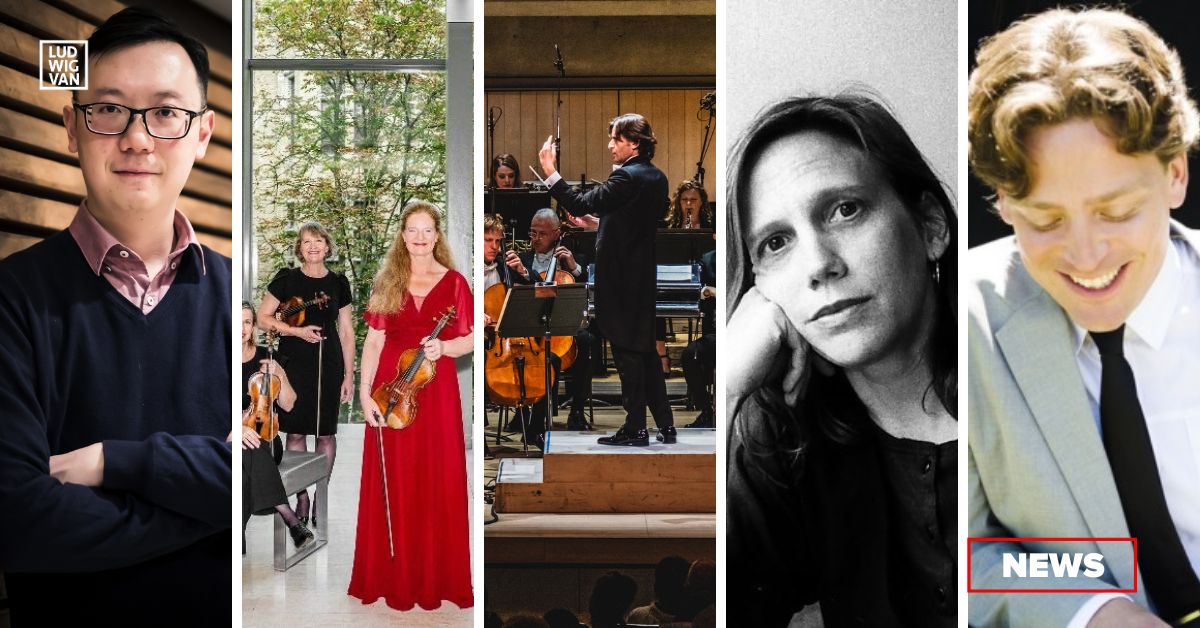 L-R: Composer Kevin Lau (Photo: Alice Hong); violinist Rachel Podger and members of Tafelmusik Baroque Orchestra  (Photo: Dahlia Katz); Gustavo Gimeno conducting the TSO during the recording of Stravinsky's Pulcinella (Photo: Jae Yang/Courtesy of the TSO); Composer Linda Catlin Smith (Photo courtesy of the artist); Composer Brian Current (Photo courtesy of the artist)