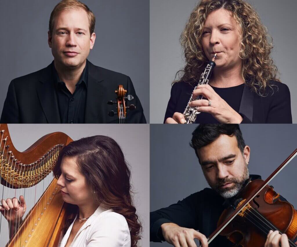 Toronto Symphony Orchestra soloists Concertmaster Jonathan Crow, joined by principal musicians Sarah Jeffrey (oboe), Heidi Elise Bearcroft (harp), and Rémi Pelletier (viola)