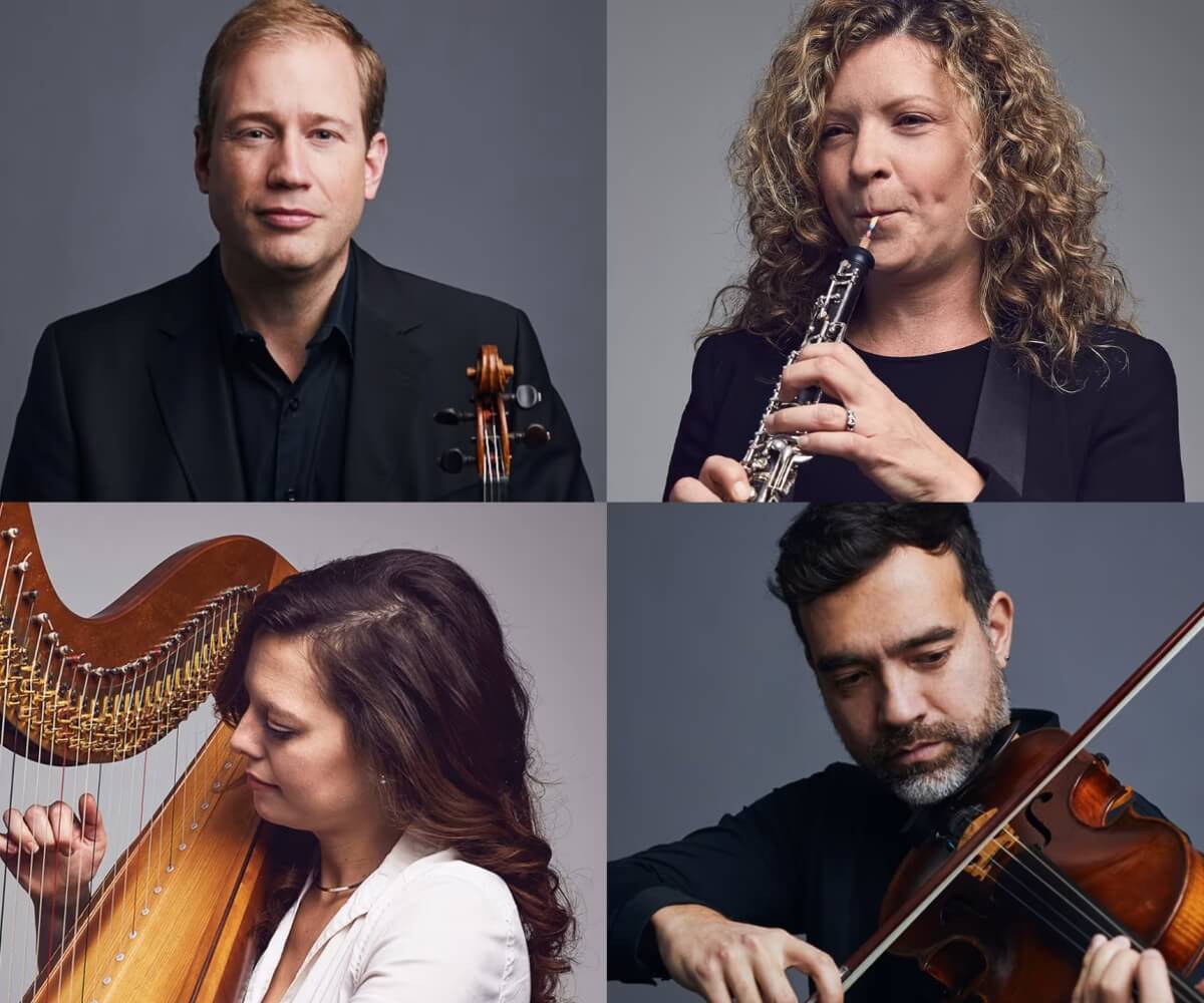 Toronto Symphony Orchestra soloists Concertmaster Jonathan Crow, joined by principal musicians Sarah Jeffrey (oboe), Heidi Elise Bearcroft (harp), and Rémi Pelletier (viola)