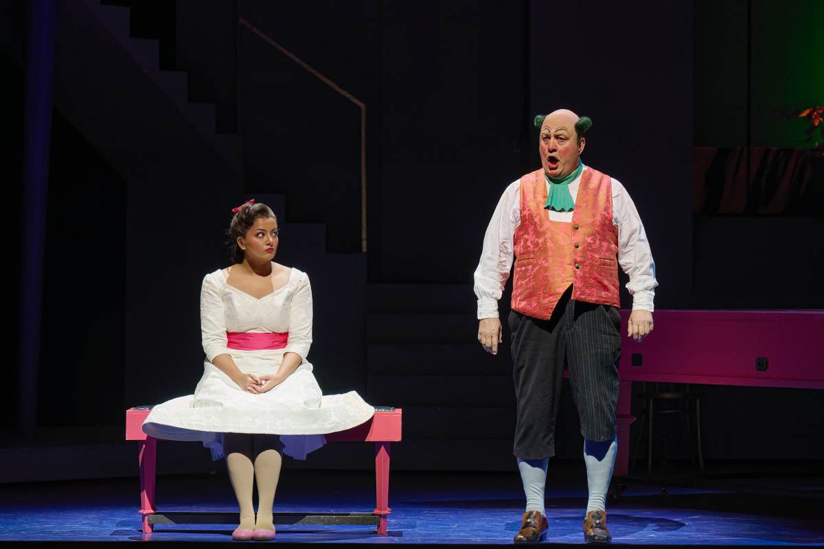 Deepa Johnny as Rosina and Renato Girolami as Bartolo in the Canadian Opera Company’s production of The Barber of Seville, 2026 (Photo: © Michael Cooper)