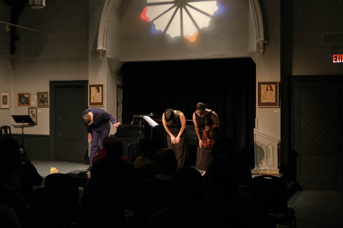 Violinist Saba Yousefi, soprano Bahar Harandi, and pianist Narek Abrahamian, perform at Toronto’s Heliconian Club on February 6, 2026 (Photo courtesy of the artists)