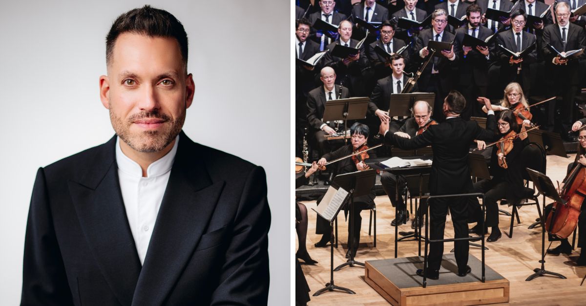 Toronto Mendelssohn Choir Artistic Director and Principal Conductor Jean-Sébastien Vallée (Photo: Tam Photography); The Toronto Mendelssohn Choir and Toronto Symphony Orchestra (Photo: Jae Yang)