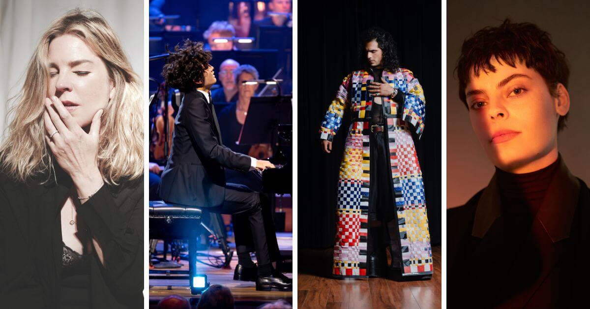Four of the artists who will perform at the 15th Glenn Gould Prize Gala on May 9, 2026 (L-R): Pianist and singer Diana Krall (Photo courtesy of the artist); Pianist Ryan Wang (Photo courtesy of the artist); Pianist, composer & singer Jeremy Dutcher (Photo: Kirk Lisaj); Mezzo-soprano Emily D’Angelo (Photo: Mark Pillai)