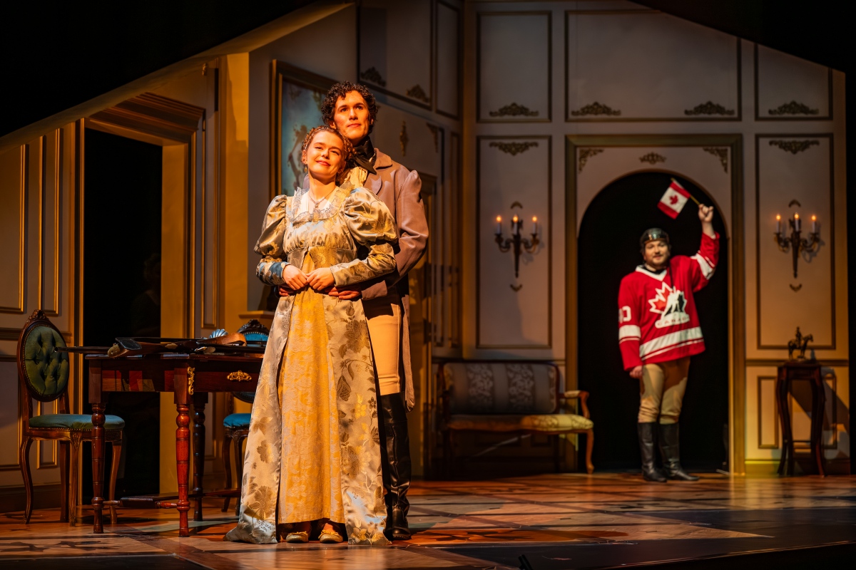 Right to left: Alyssa Bartholomew, Yanik Gosselin (in foreground) & James Coole-Stevenson (in background) in the Glenn Gould School Spring Opera 2026 production of Rossini’s La cambiale di matrimonio (Photo: Dahlia Katz)