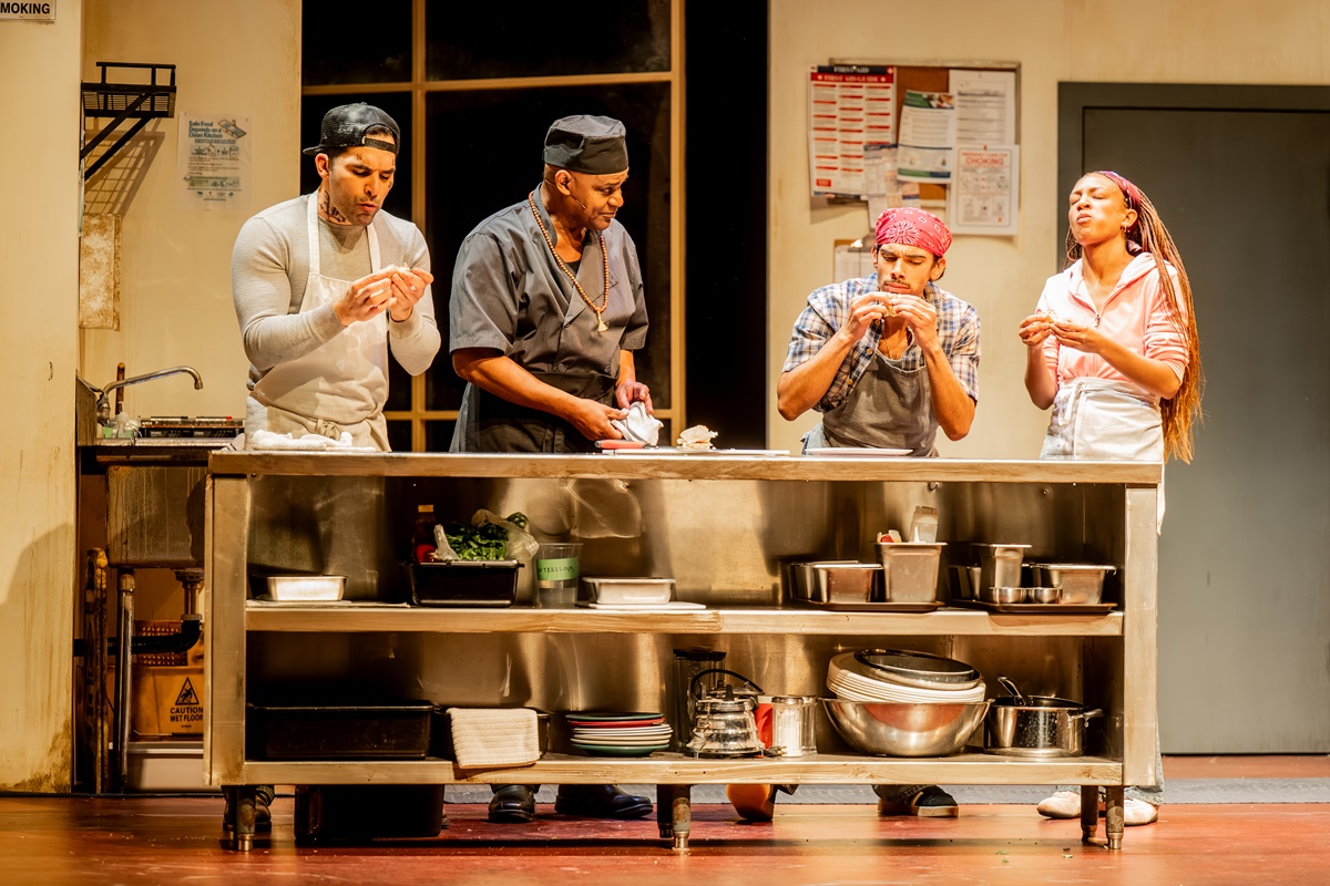 L-R: Johnathan Sousa as Jason, Sterling Jarvis as Montrellous, Augusto Bitter as Rafael, and Jasmine Case as Letitia in the Canadian Stage production of Lynn Nottage's Clyde's (Photo: Dahlia Katz)
