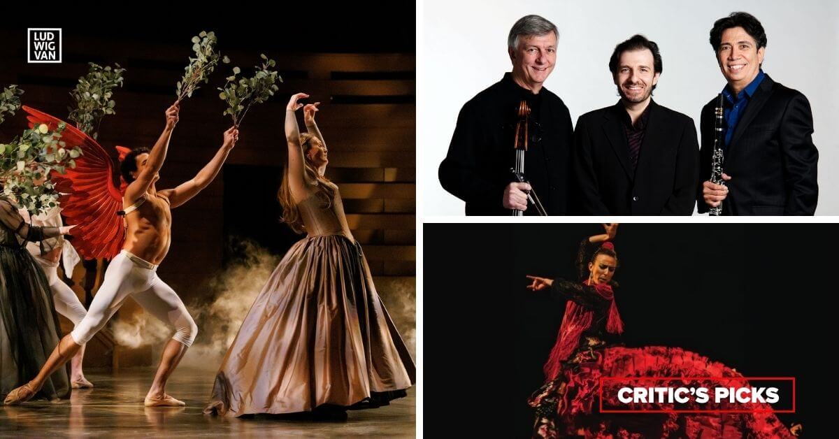 L-R: Soprano Meghan Lindsay as Mélisande with Artists of Atelier Ballet in Pelléas et Mélisande (Photo: Bruce Zinger); the Amici Chamber Ensemble (Photo courtesy of the artists); Flamenco dancer (Photo courtesy of FabCollab/F Is For Flamenco)