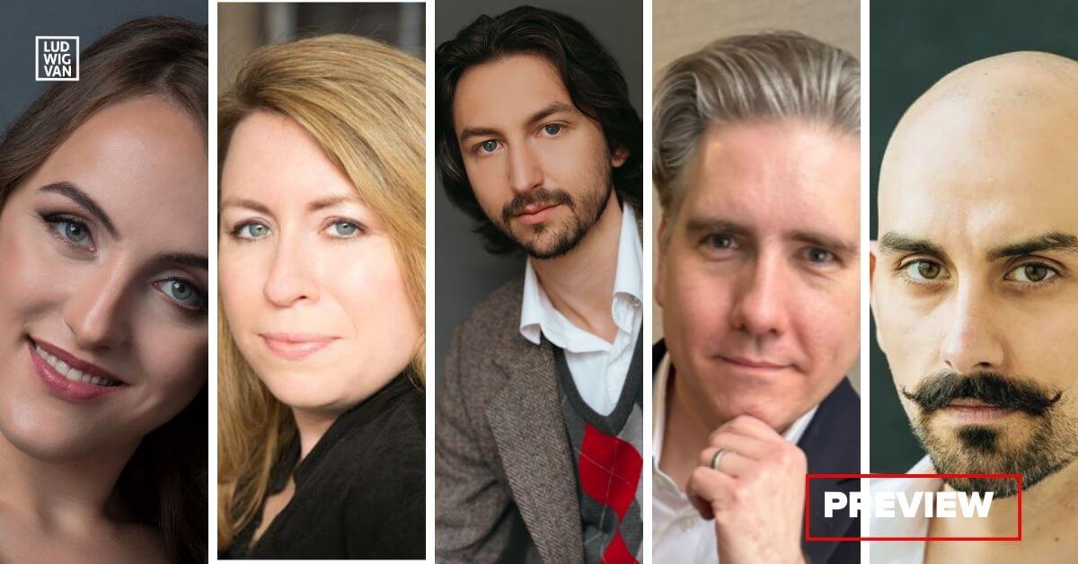 L-R: soprano Grace Quinsey, mezzo-soprano Catharin Carew; tenor Alexander Cappellazzo; Toronto Classical Singers Artistic Director John Holland; baritone Christopher Dunham (Photos courtesy of the artists)