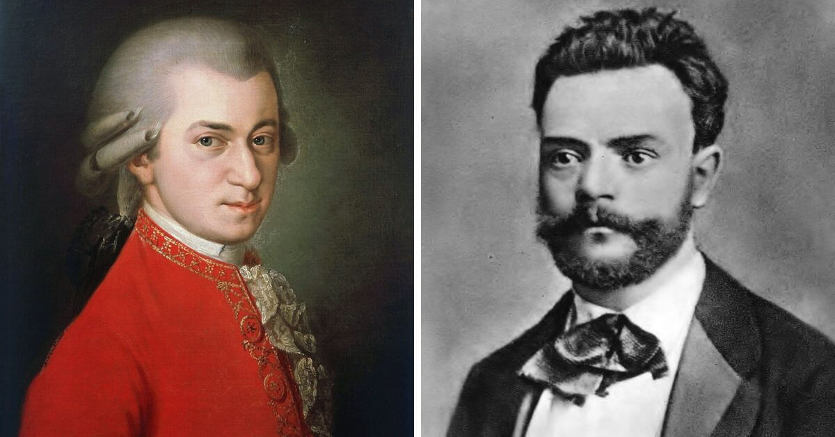 L: Wolfgang Amadeus Mozart in a portrait by Barbara Krafft, 1819 (Public domain); R: Antonín Dvořák in 1870 (From the Antonín Dvořák museum, public domain)