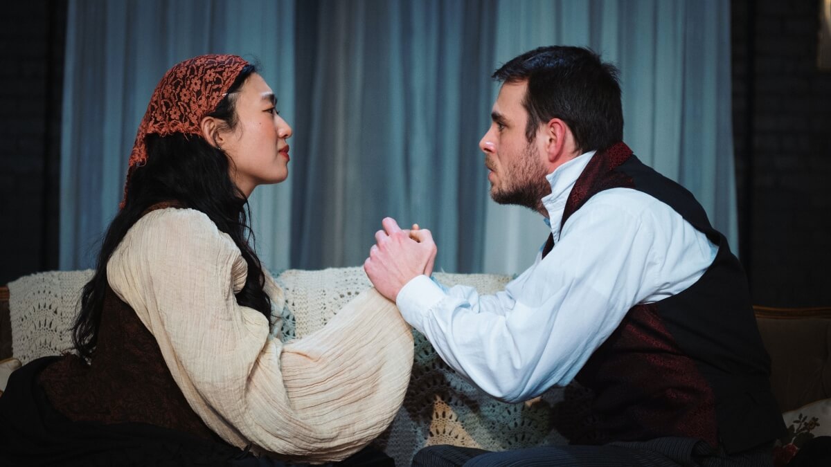 Heeyun Park 박희윤 and Jack Copland in the Riot King Art Market production of The Moors at The Theatre Centre (Photo: Juniper Simpson Serrano)