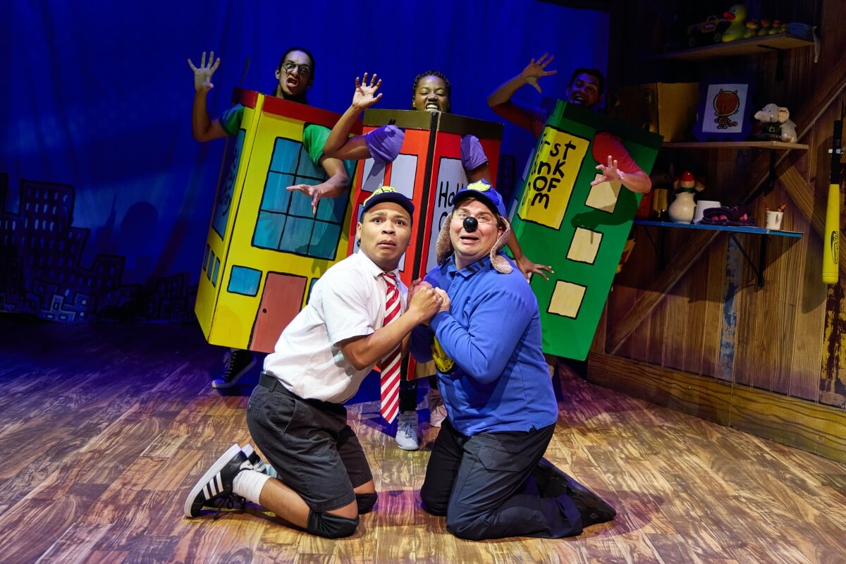 Dog Man: The Musical 24/25 Touring Company. 24/25 Touring Company. L-R: Mundo Ballejos, Glory Yepassis-Zembrou, Jake Wernecke. Front L-R: Marquise Neal, Brandon James Butorovich (Photo: Jeremy Daniel)