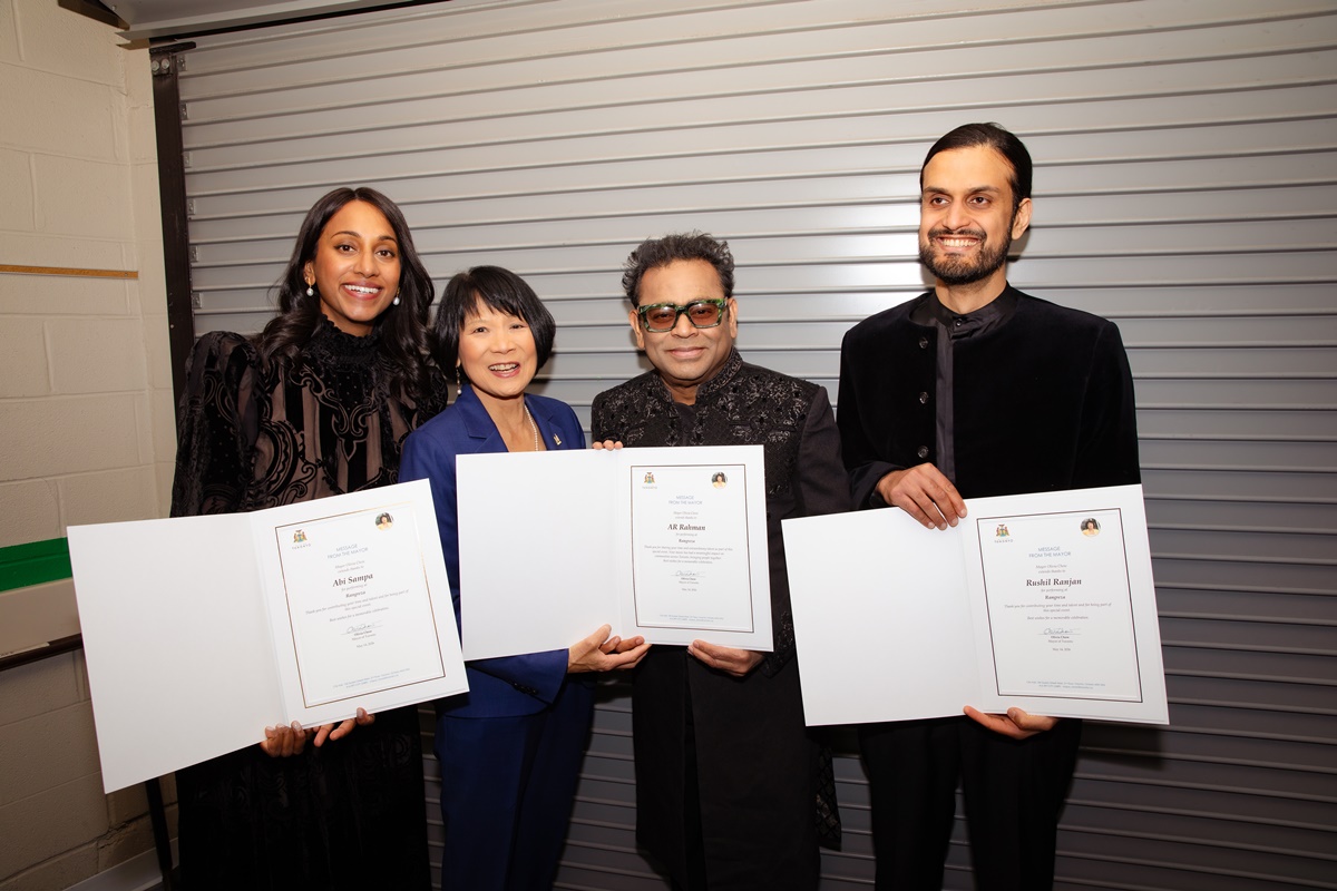 Backstage L-R: Abi Sampa, Toronto Mayor Olivia Chow, AH Rahman, Rushil Ranjan (Photo courtesy of TO Live) 