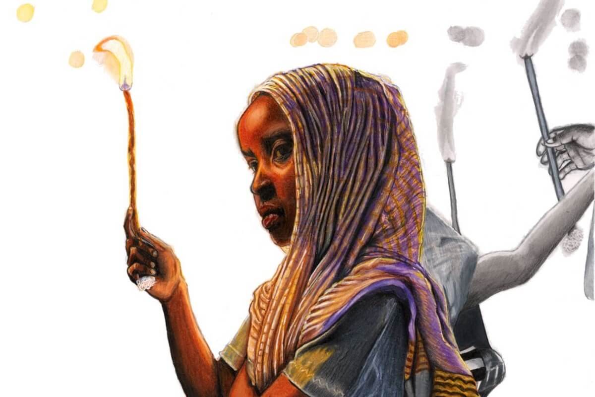 Michael Alemayehu, Meskel Demera Celebration, 2024. Coloured pencil on bristol paper. Image courtesy of the artist
