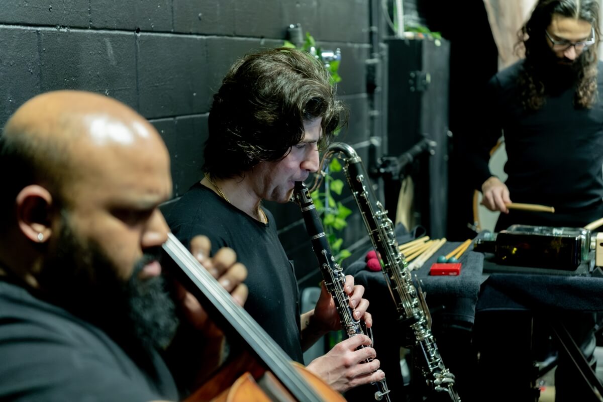 Musicians: Amahl Arulanandam, Cello; Marc Blouin, Clarinet/Bass Clarinet; Nathan Petitpas, Percussion (Photo: Jae Yang)