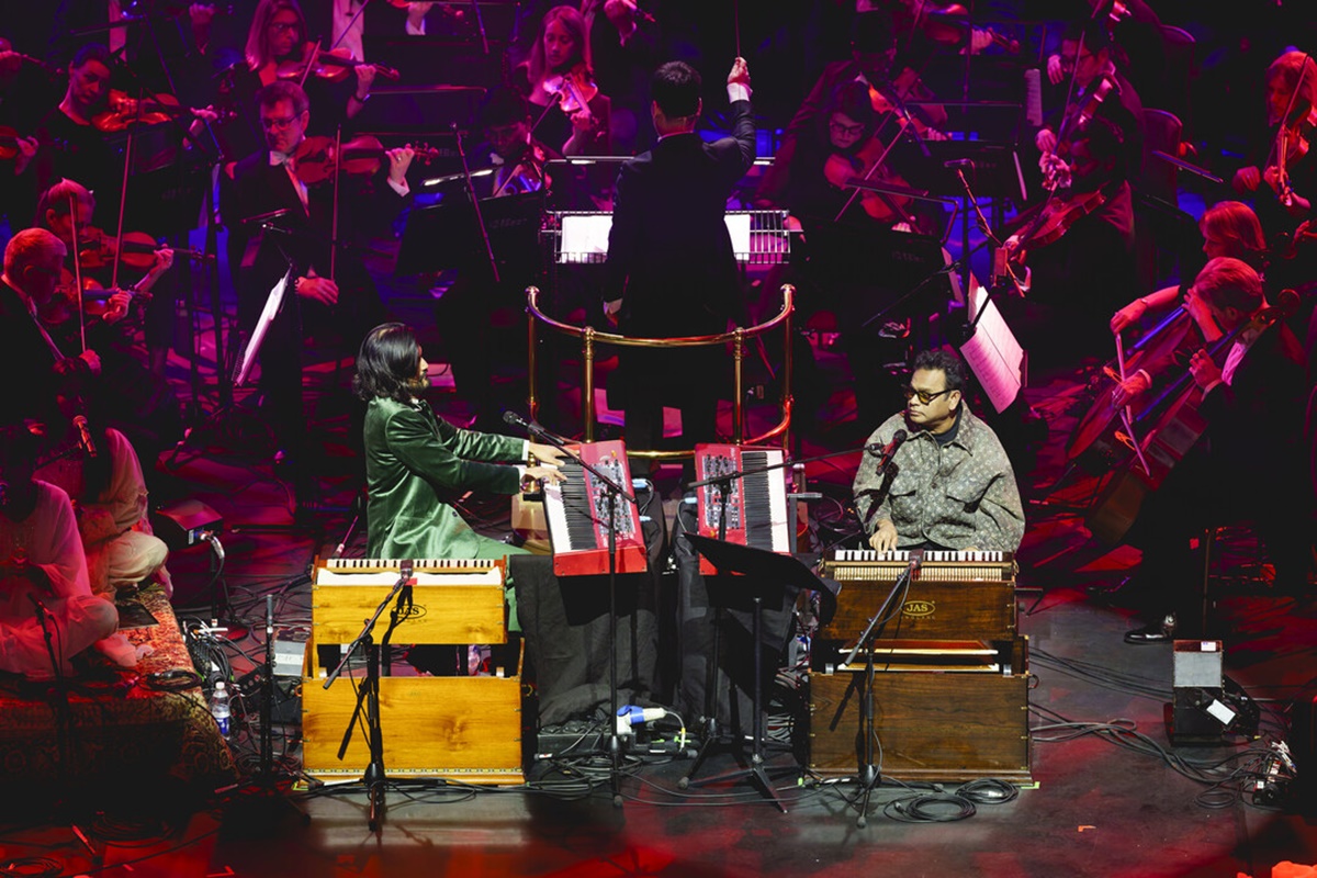 Rushil Ranjan (L) & AR Rahman (R) on stage at the world premiere of Rangreza at Royal Albert Hall on April 24, 2026 (Photo courtesy of TO Live)