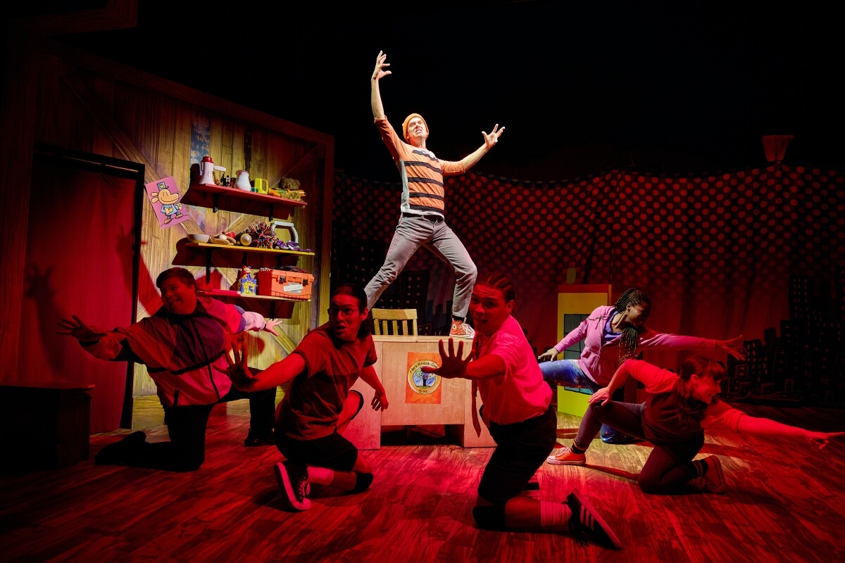 Dog Man: The Musical 24/25 Touring company. Brandon James Butorovich, Mundo Ballejos, Jake Wernecke, Marquise Neal, Sadie Jayne Kennedy, Glory Yepassis-Zembrou (Photo: Jeremy Daniel)