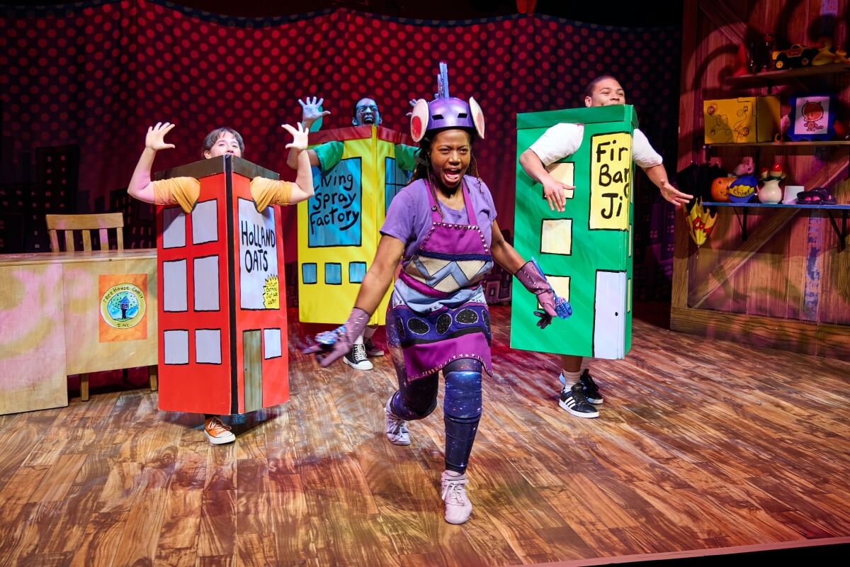 Dog Man: The Musical 24/25 Touring Company. L-R/ Sadie Jayne Kennedy, Mundo Ballejos, Marquise Neal. Front/ Glory Yepassis-Zembrou (Photo: Jeremy Daniel)
