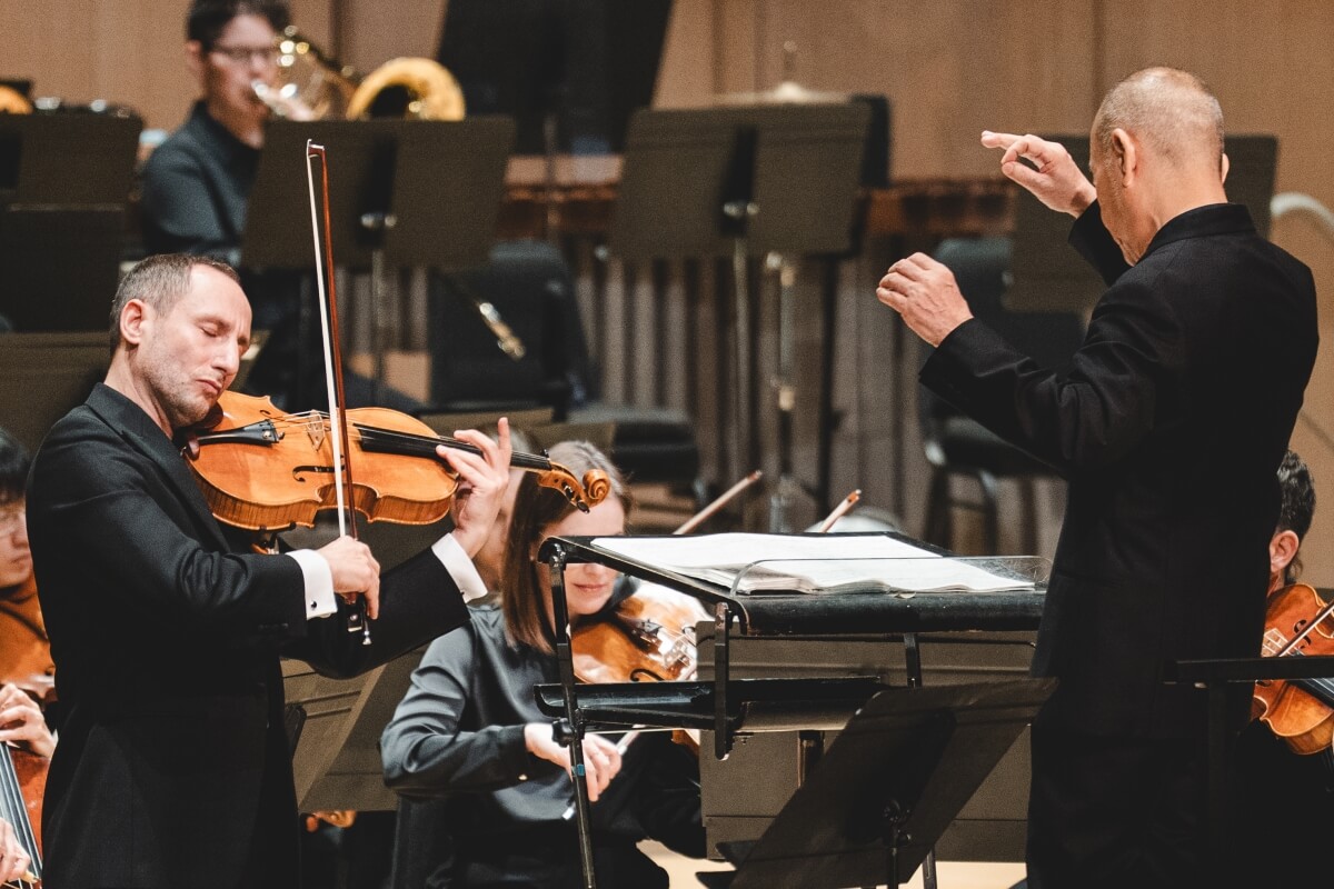 Joe Hisaishi conducts the Toronto Symphony Orchestra and violist Antoine Tamestit, May 29, 2026 (Photo: Allan Cabral/Courtesy of the Toronto Symphony Orchestra)