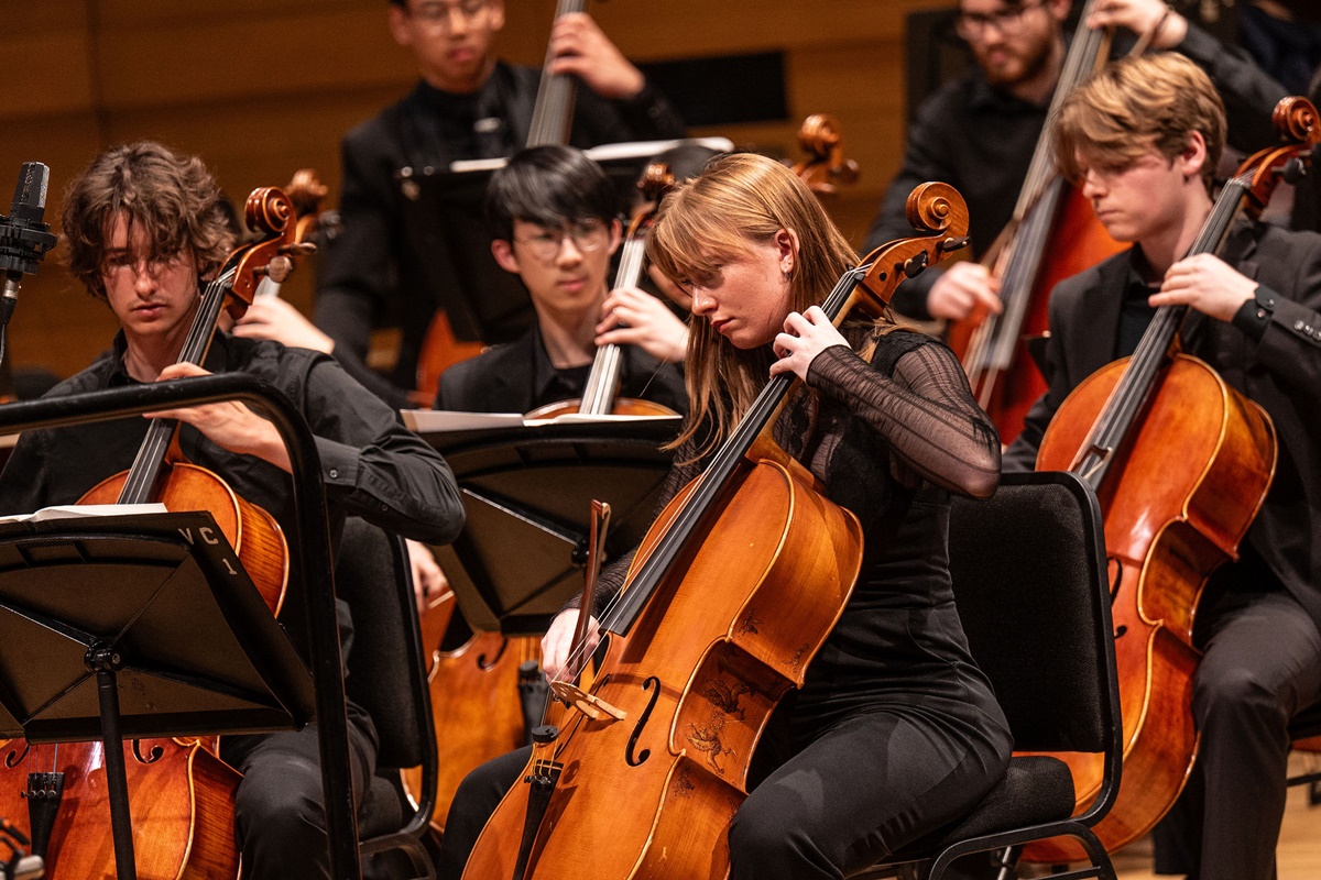 Sabina Sandvoss, cellist, performs with the National Youth Orchestra of Canada at Toronto's Koerner Hall, July 18, 2025 (Photo: Dahlia Katz)