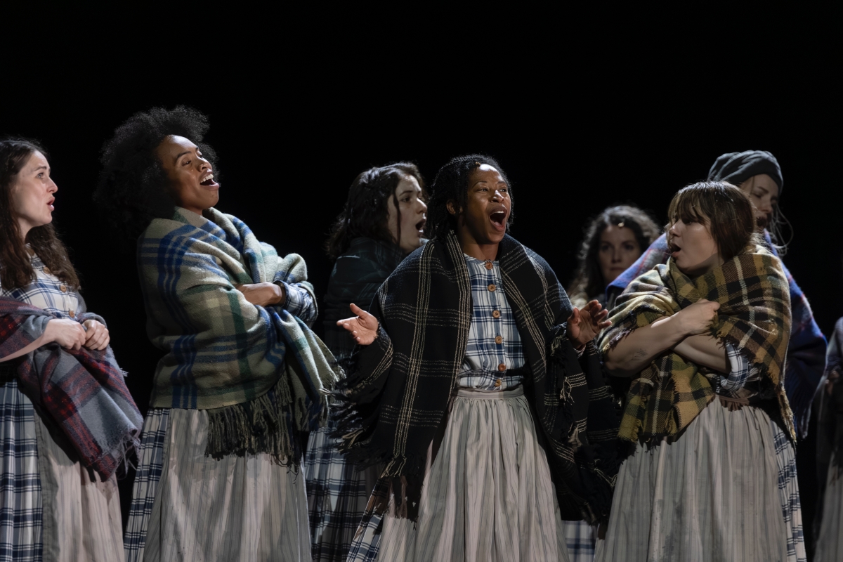 L/R: Caitlin Wood, Jonelle Sills, Ariane Cossette, Elizabeth Polese, Natalya Gennadi (Chorus) With Taylor-Alexis DuPont as Lizzie in 10 Days in a Madhouse (Photo: Eric Forget Photography)