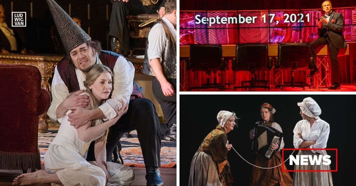 Quinn Kelsey as Rigoletto and Sarah Dufresne as Gilda in the Canadian Opera Company’s production of Rigoletto, 2026, crop (Photo: © Michael Cooper); Tom Rooney in Crow’s Theatre’s Rogers V Rogers (Photo: Dahlia Katz); Sheila McCarthy (Frau Henne), Tatjana Cornij (Vogel) and Veronica Hortigüela in Tarragon Theatre’s Bremen Town (Photo: Jae Yang)