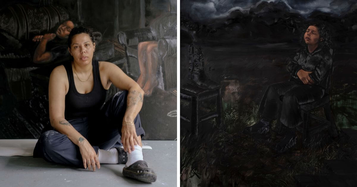 L: Artist Natia Lemay (Photo: Gesi Schilling) | R: Cowboys Cry, Oil on Canvas, 2025 (Artist: Natia Lemay)