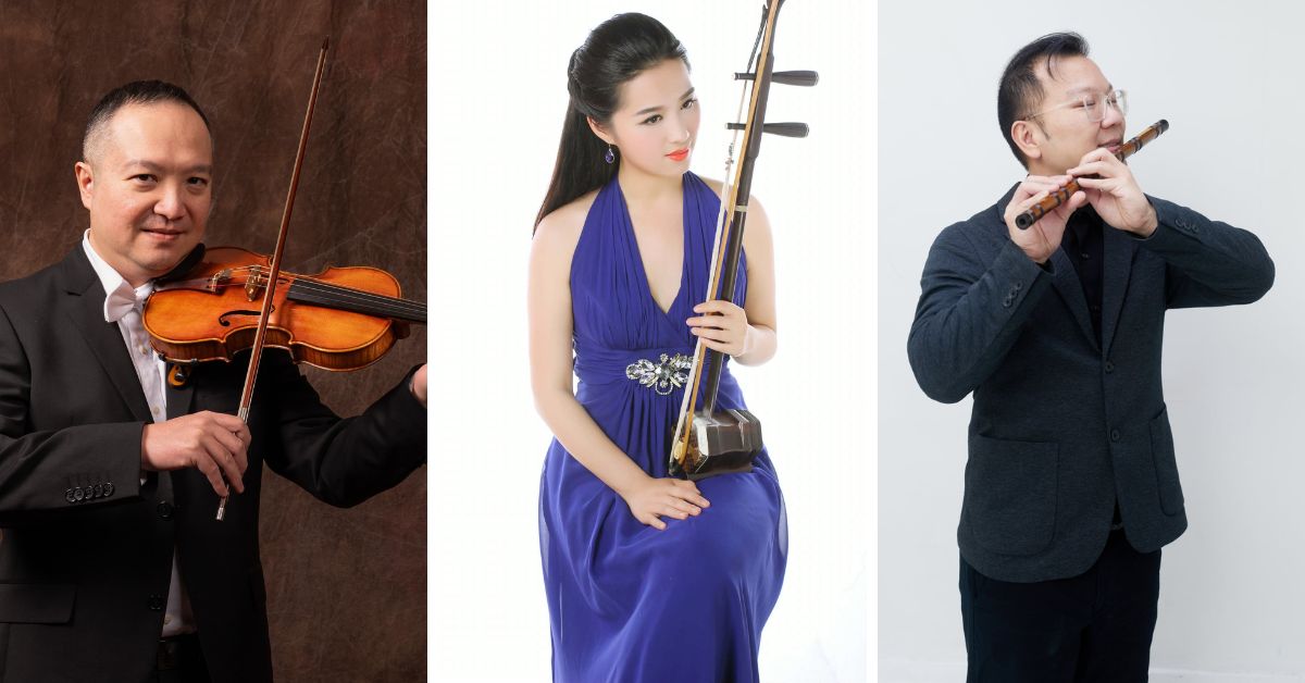 L-R: Violinist and Concertmaster of OCMS Symphony Orchestra Andrew Hsu; Founder and Artistic Director of the Canadian Chinese Orchestra and Erhu soloist Amely Zhou; Composer and Dizi soloist Hong Da Chin (Photos courtesy of the artists)