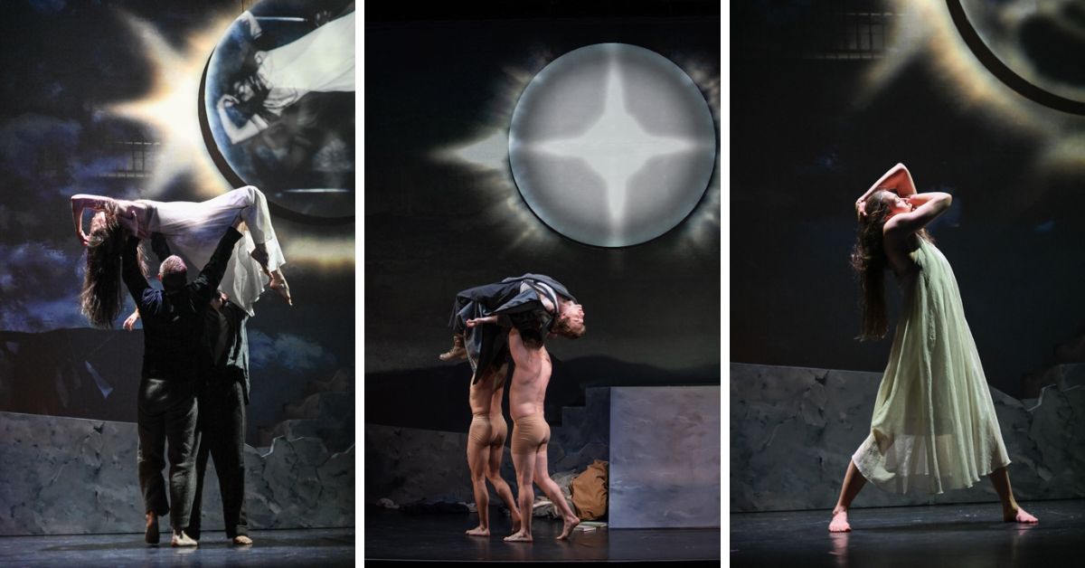 L: Wind: Miyeko Ferguson; Boreas: Jarrett Siddall; Helios: Sully Maleab Proulx; Middle: Left to Right: Boreas: Jarrett Siddall; Memory: Brenden Lengsfeld; Helios: Sully Maleab Proulx; R: Wind: Miyeko Ferguson in the Opera 5 production of Parélios (Photo: Emily Ding Photography)