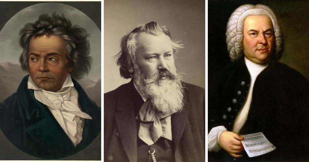 Three German men, composers (L-R): Ludwig Van Beethoven; Johannes Brahms, J.S. Bach (Public domain)