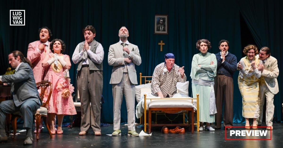 From Opera 5’s production of Puccini’s Gianni Schicchi Left to Right: Notario: Liam Dooley; Gherardo: Ryan Nauta; Nella: Daniela Agostino; Betto: Tristan Pritham; Simone: Aaron Dimoff; Gianni Schicchi: Gregory Dahl; Zita: Krisztina Szabó; Rinuccio: Jeremy Scinocca; La Ciesca: MacKenzie Sechi; Marco: Christopher Pitre-McBride (Photo: Emily Ding Photography)