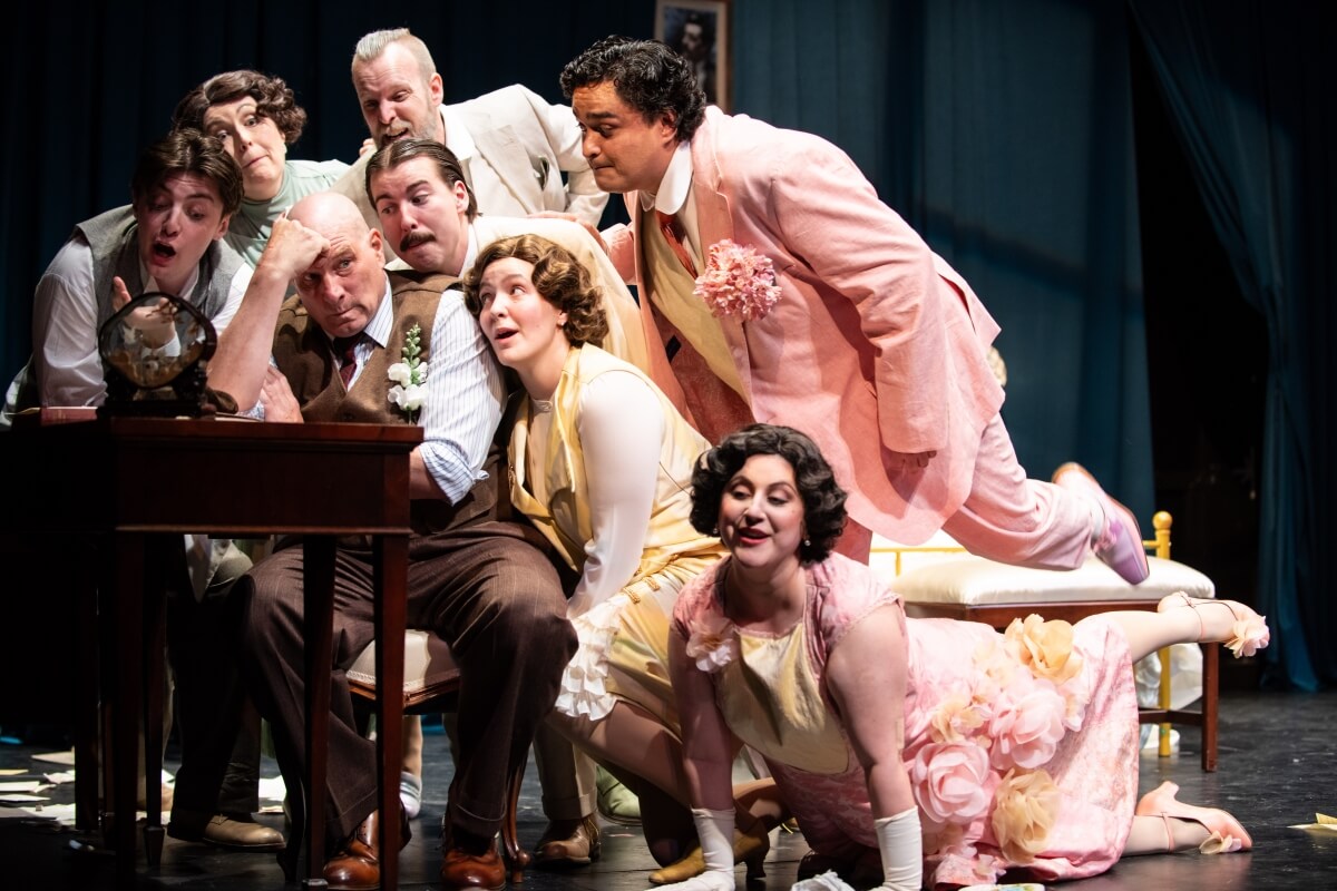 From Opera 5’s production of Puccini’s Gianni Schicchi Left to Right: Notario: Liam Dooley; Gherardo: Ryan Nauta; Nella: Daniela Agostino; Betto: Tristan Pritham; Simone: Aaron Dimoff; Gianni Schicchi: Gregory Dahl; Zita: Krisztina Szabó; Rinuccio: Jeremy Scinocca; La Ciesca: MacKenzie Sechi; Marco: Christopher Pitre-McBride (Photo: Emily Ding Photography)