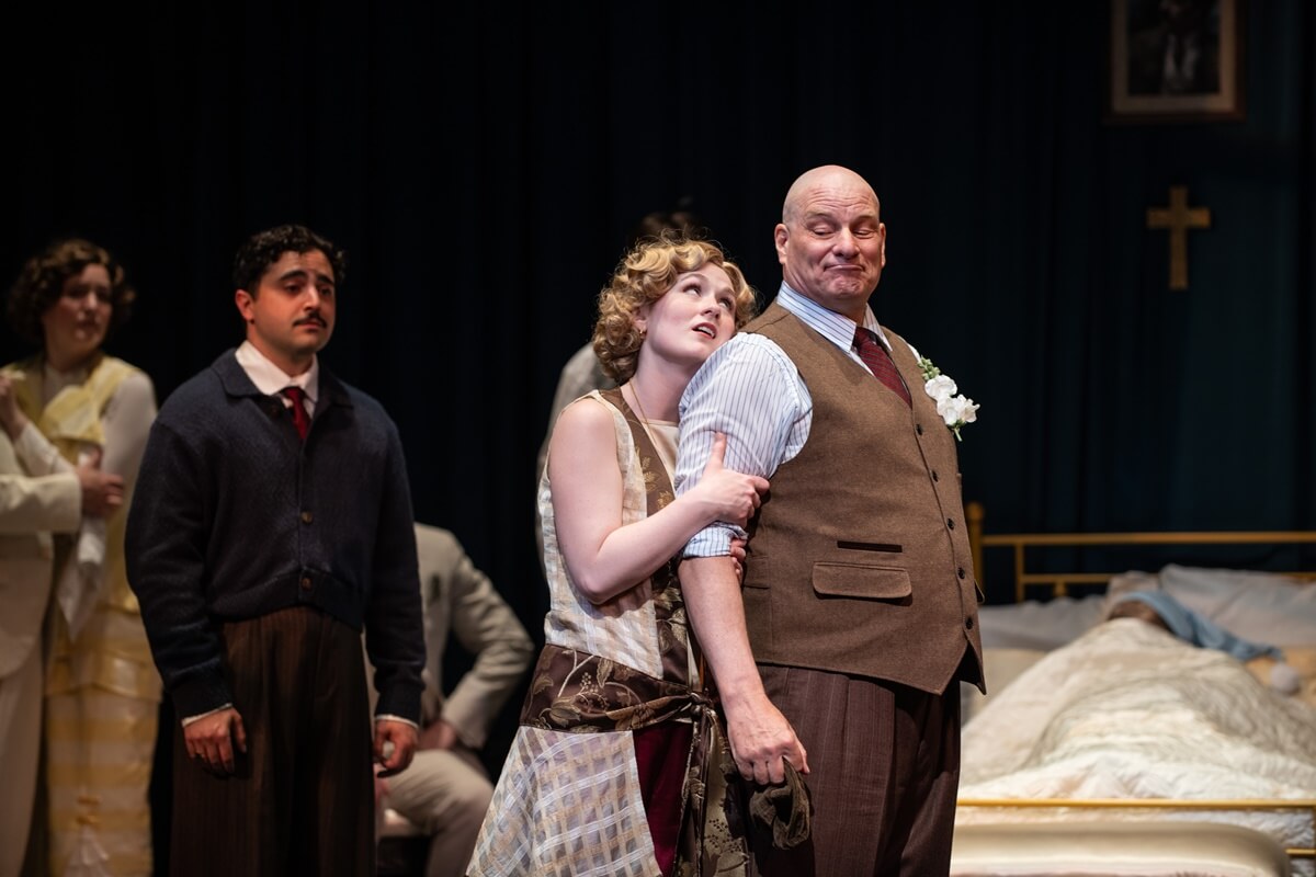 Puccini's Gianni Schicchi, presented by Opera 5, Left to Right: Rinuccio: Jeremy Scinocca; Lauretta: Kate Fogg; Gianni Schicchi: Gregory Dahl (Photo: Emily Ding Photography)