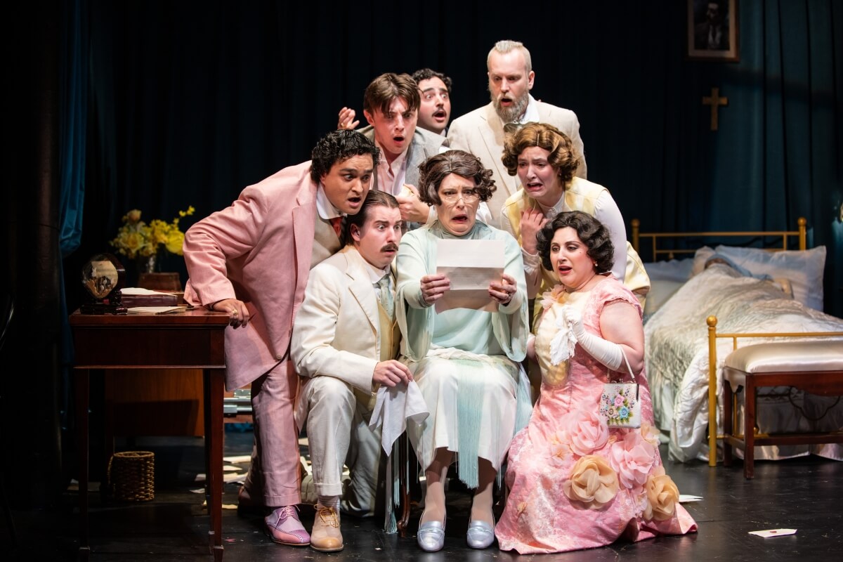 From Opera 5’s production of Puccini’s Gianni Schicchi Left to Right: Gherardo: Ryan Nauta; Marco: Christopher Pitre-McBride; Betto: Tristan Pritham; Rinuccio: Jeremy Scinocca; Zita: Krisztina Szabó; Simone: Aaron Dimoff; La Ciesca: MacKenzie Sechi; Nella: Daniela Agostino (Photo: Emily Ding Photography)