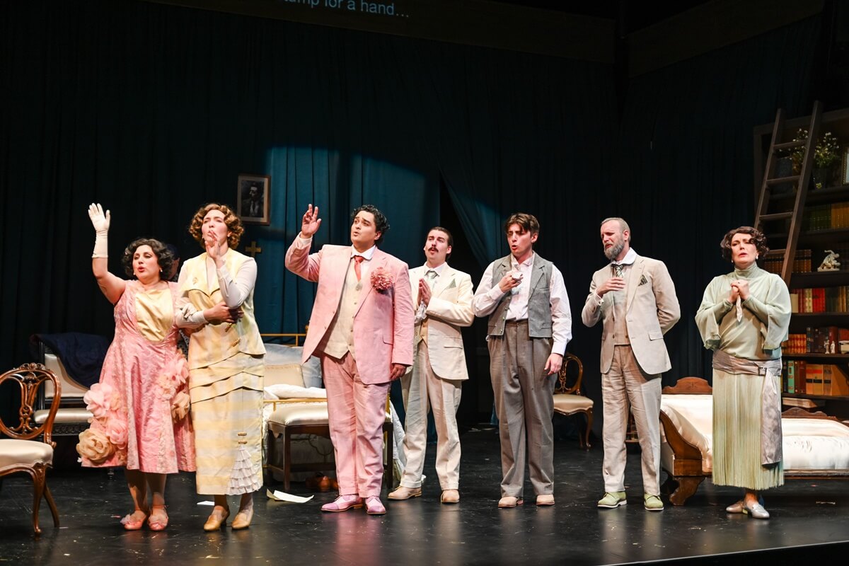 Puccini's Gianni Schicchi, presented by Opera 5, Left to Right: Nella: Daniela Agostino; La Ciesca: MacKenzie Sechi; Gherardo: Ryan Nauta; Marco: Christopher Pitre-McBride; Betto: Tristan Pritham; Simone: Aaron Dimoff; Zita: Krisztina Szabó (Photo: Emily Ding Photography)