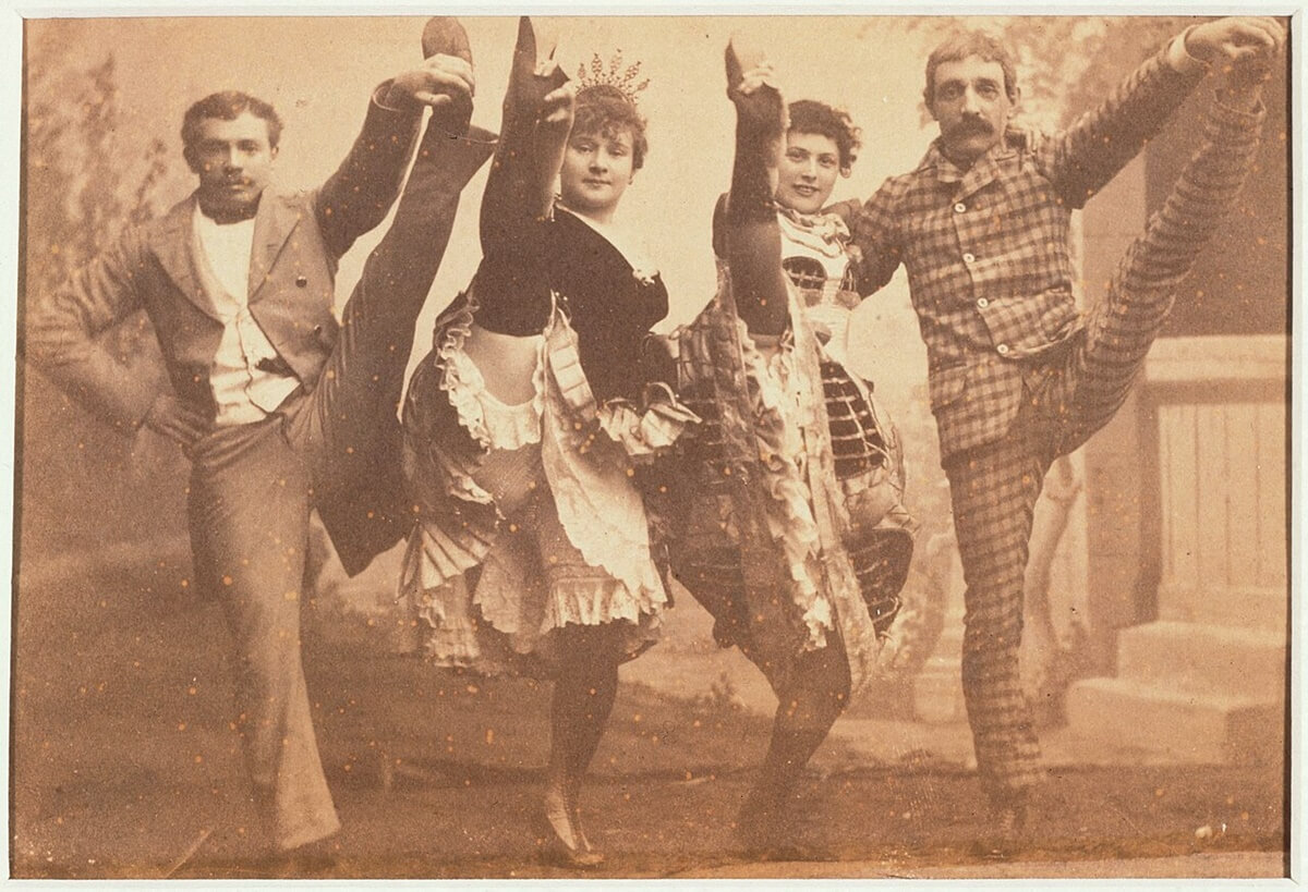 Photograph of Louise Weber aka La Goulue (second from left) with three other dancers, ca. 1881 to 1891 (Anonymous/Public domain)