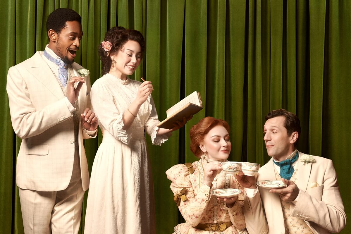 L-R: Christopher Allen as Algernon Moncrieff, Marissa Orjalo as Cecily Cardew, Allison Lynch as Gwendolen Fairfax and Joe Perry as John Worthington, The Importance of Being Earnest. Stratford Festival 2026. (Photo: Dariane Sanche)