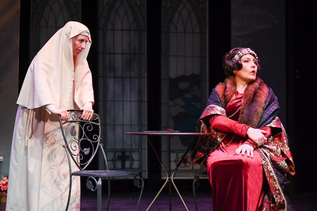 Puccini's Suor Angelica, presented by Opera 5, Left to Right: Suor Angelica: Rachel Krehm; La Zia Principessa: Krisztina Szabó (Photo: Emily Ding Photography)