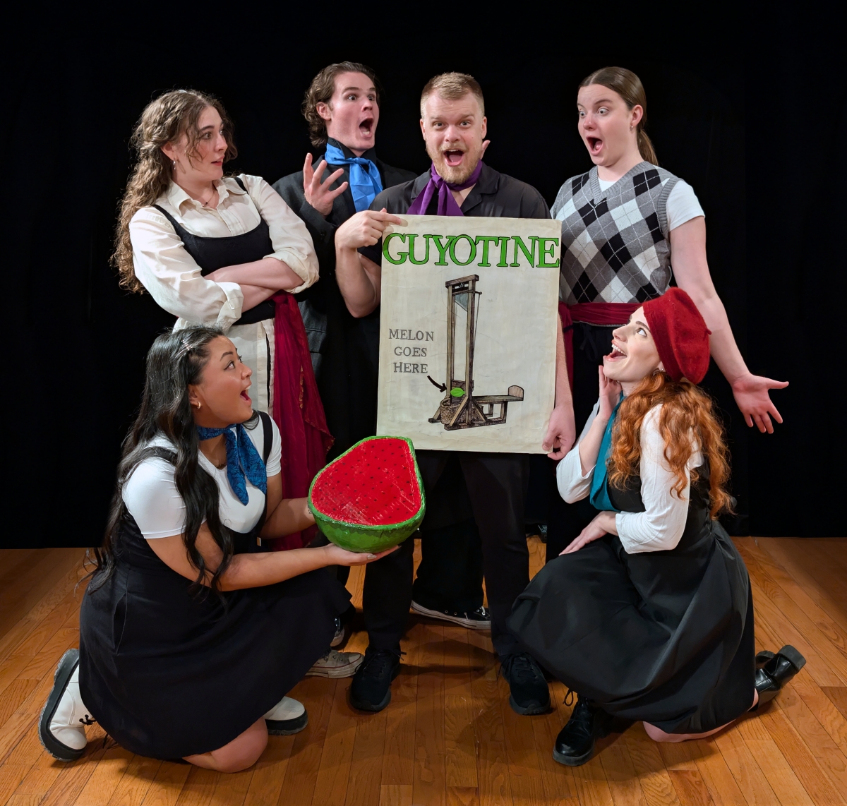 Clockwise from Left: KC Martinez, Jillian Peters, Nolan Rush, Tyler Winder, Mackenzie Langdon, Tess Barão in Unsung: The Accidental Villains of History (Photo: Rachel Arundel)