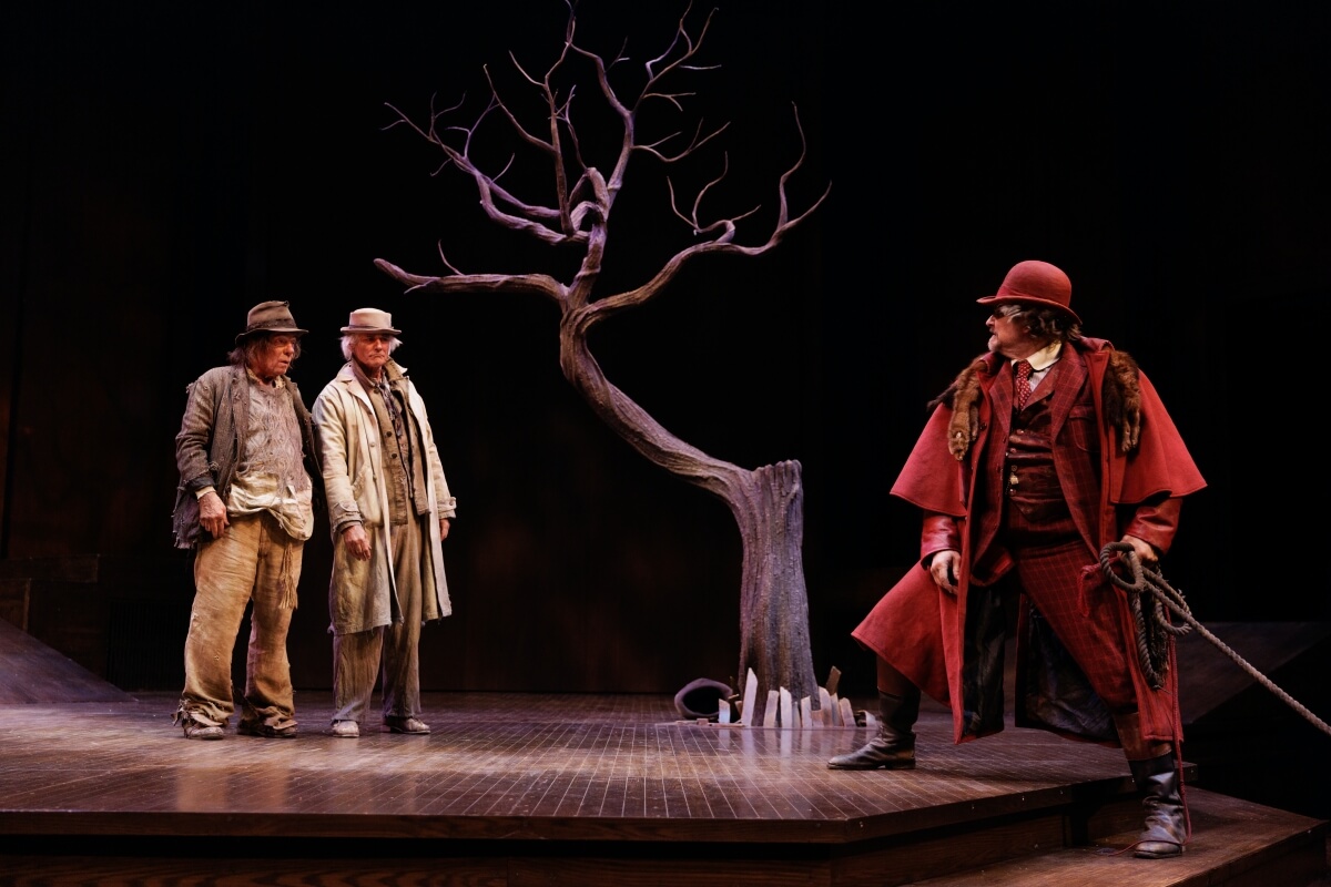 L-R: David W. Keeley as Lucky, Tom McCamus as Estragon, Paul Gross as Vladimir and Jonathan Goad as Pozzo, Waiting for Godot. Stratford Festival 2026 (Photo: Dariane Sanche)